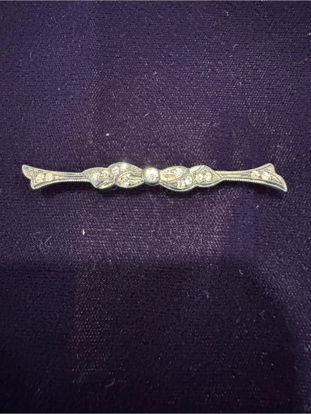 Vintage-Style Silver Bow Bar Pin with Filigree Detailing